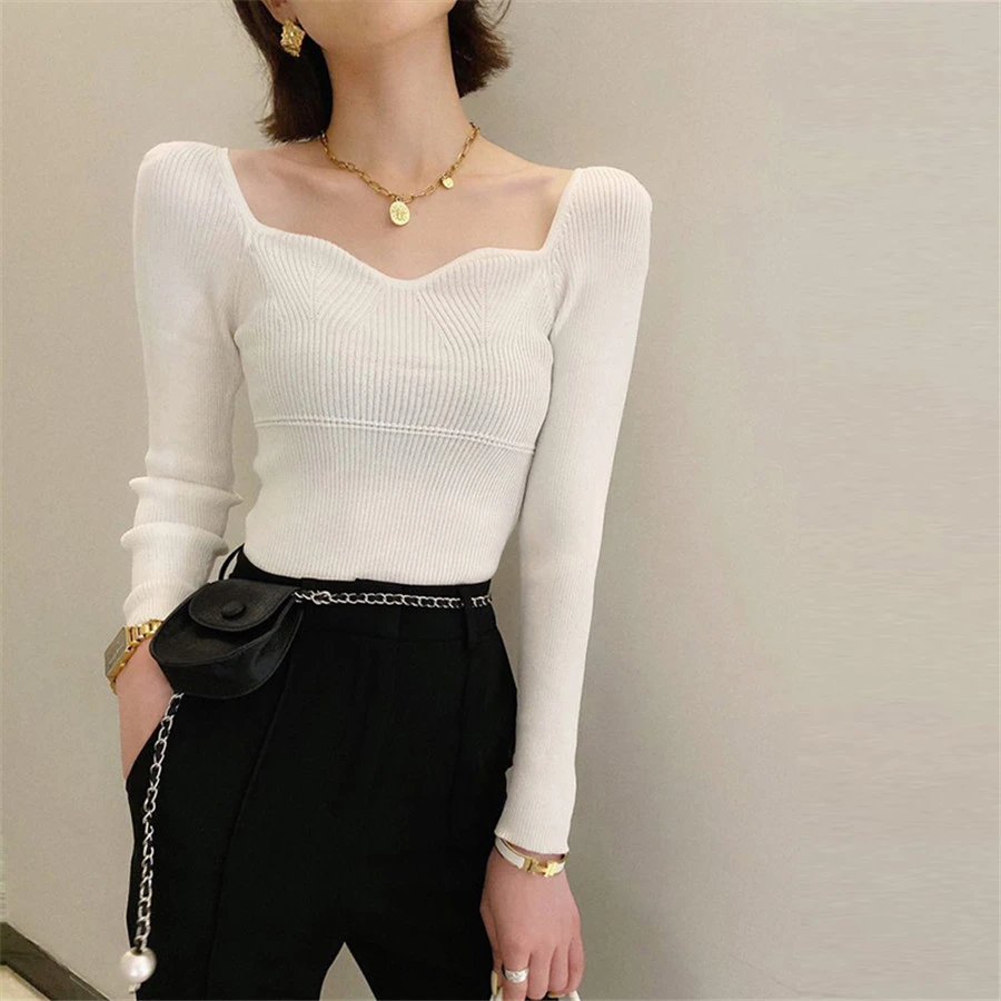 法式复古加厚针织衫花瓣领秋冬打底毛衣女套头露锁骨性感上衣女