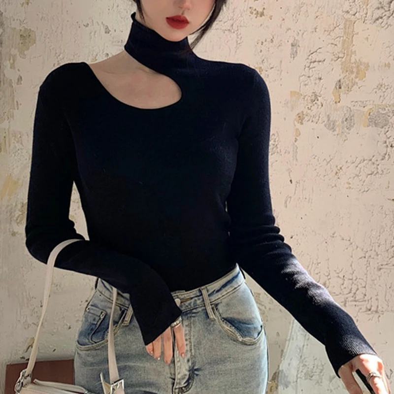 优质厚实版韩版半高领针织衫女露肩修身小众挂脖女长袖打底毛衣衫