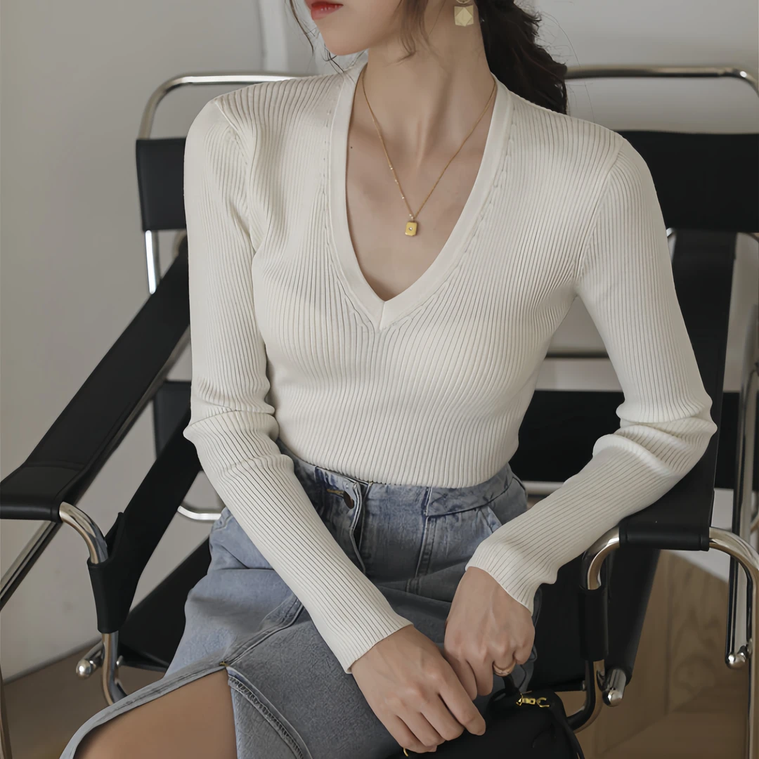 2025秋冬新款深v领性感修身显瘦纸片人气质打底内搭针织衫上衣女