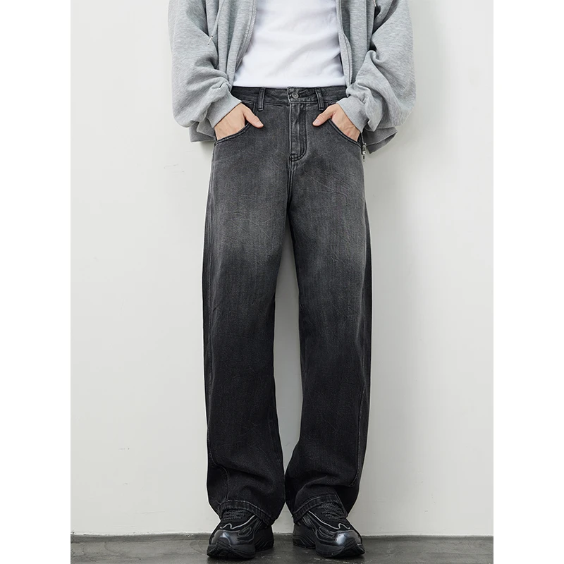 Kuvine秋季弯刀黑牛仔裤男士直筒宽松阔腿美式渐变新款复古休闲裤