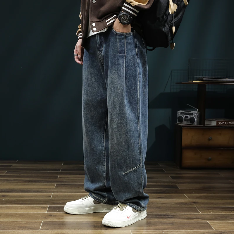 Kuvine秋季款2025垂感阔腿牛仔裤男宽松直筒休闲水洗长裤复古百搭
