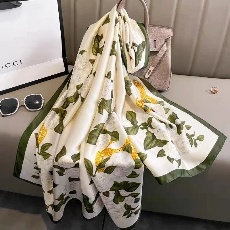 【栀子花开】90*180 丽锦缎丝巾洋气时尚百搭大方高档气质长款