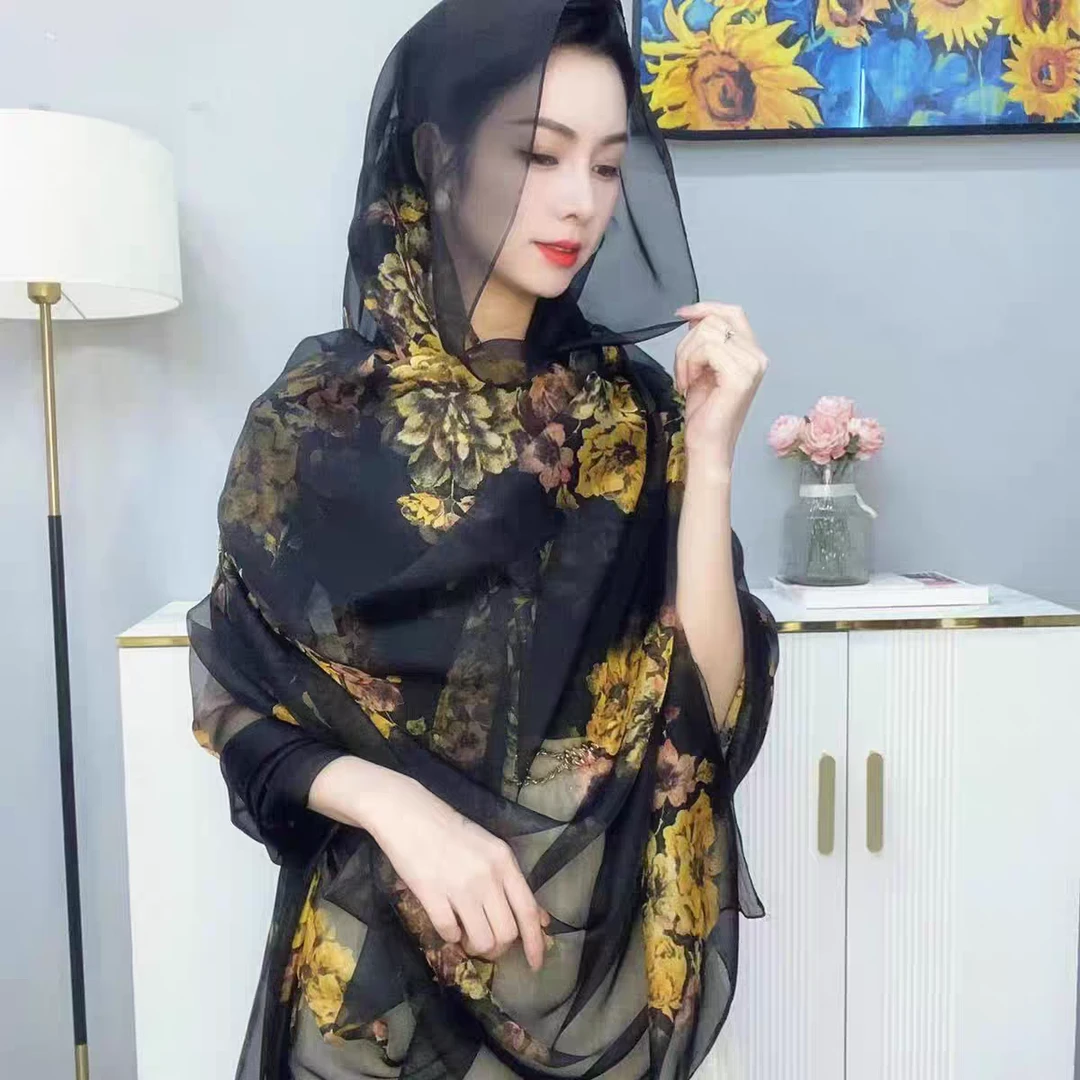 【黑牡丹 】180*130优柔纱丝巾气质时尚百搭韩版大方防晒长款丝巾