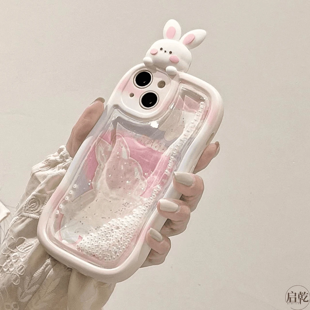 珍珠流沙可爱粉色趴趴兔子苹果15手机壳少女iPhone14Promax/13/12
