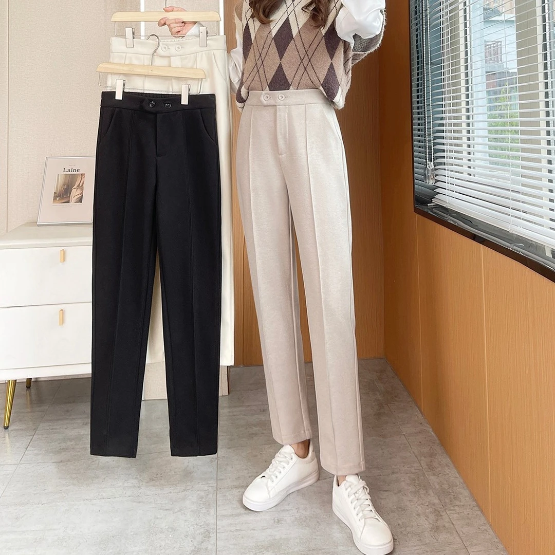 秋冬款高腰直筒小脚毛呢裤 加绒/不加绒韩版时尚休闲裤子宽松显瘦
