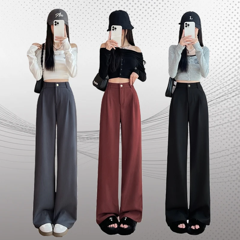 新安可拉红色高级感阔腿西装裤女秋季高腰垂感休闲小个子直筒裤