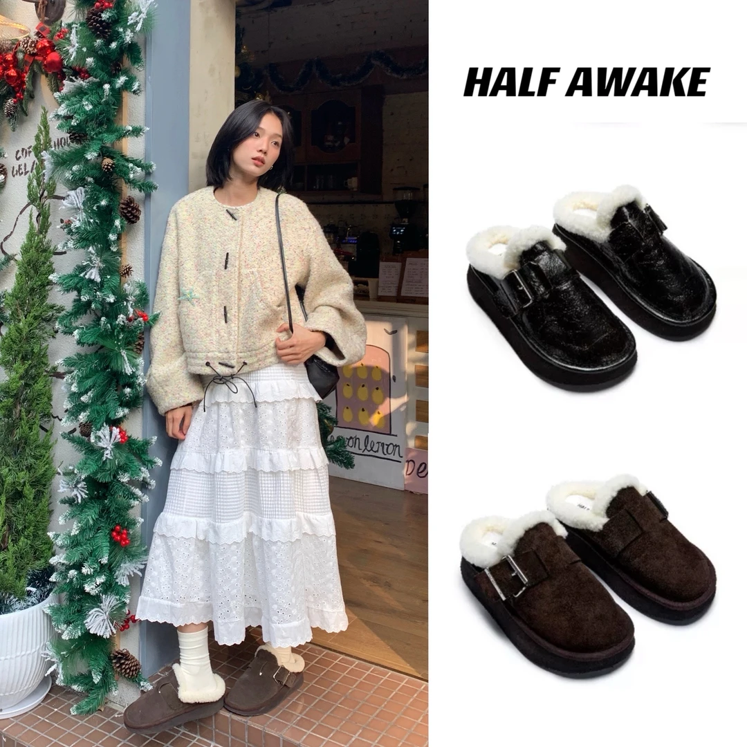 HALFAWAKE原创设计师品牌高级感厚底增高新款秋冬季扣带博肯拖鞋