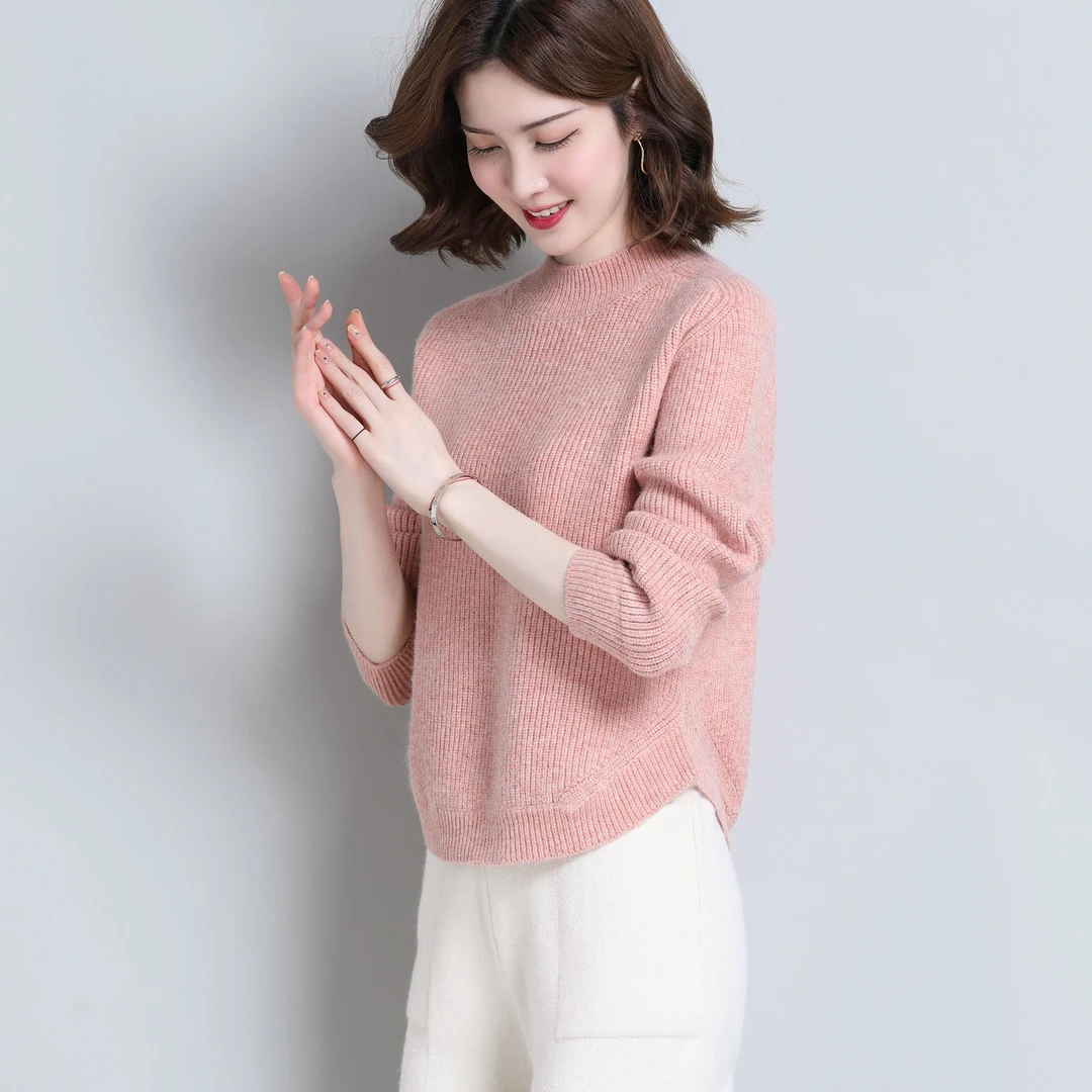 秋冬新款加厚半高领短款毛衣女圆弧下摆软糯亲肤针织衫打底衫上衣