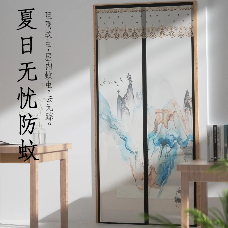 古典国画夏季防蚊门帘高档卧室隔断家用磁铁自吸纱窗金刚纱帘书房