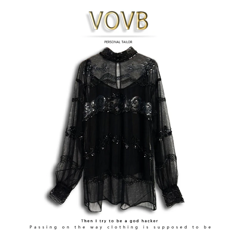 VOVB巴黎春天高领轻奢网纱钉珠显瘦气质重手工亮片女装上衣-1053