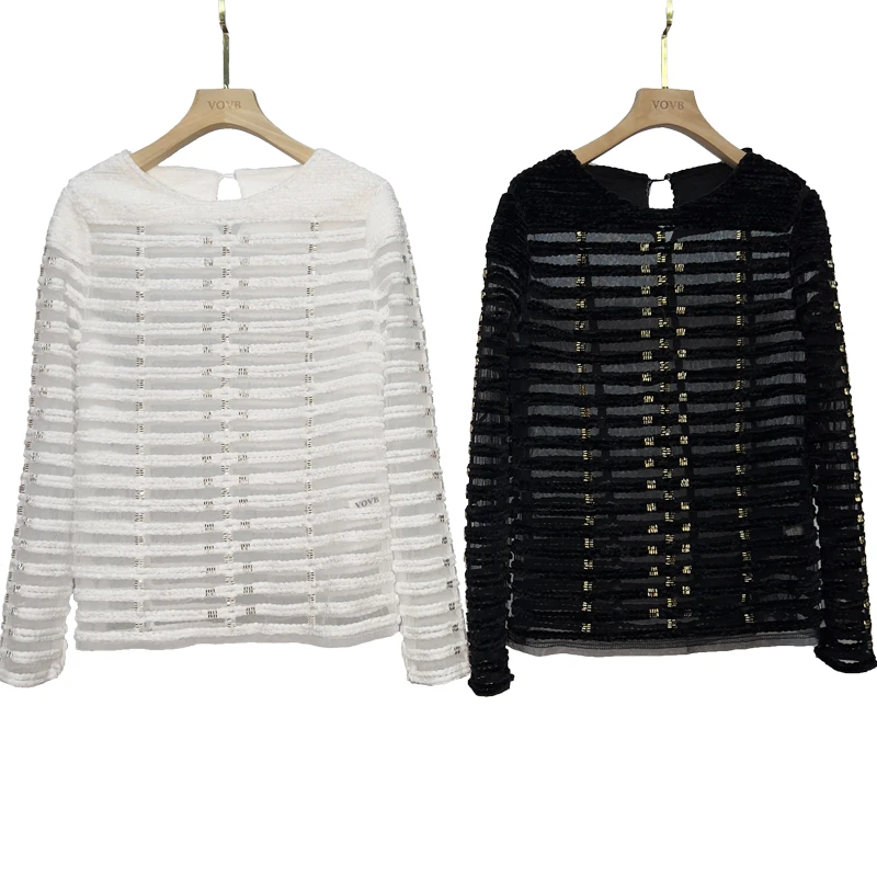 VOVB巴洛克轻奢定制重工钉珠气质长袖百搭镂空圆领套头上衣女-245