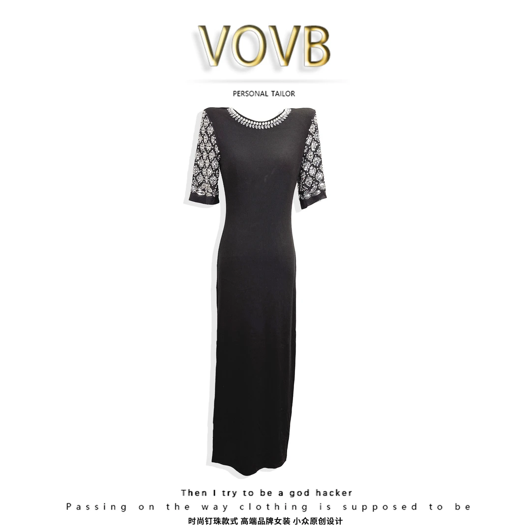 VOVB新款定制手工钉珠显瘦中袖开叉长裙裙日常礼服裙连衣裙-2036