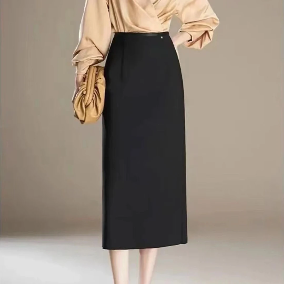 【两个裙长】秋季半身裙女百搭小个子中长款后开叉直筒一步裙气质款