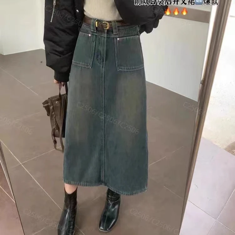 62093#DIMO冬季加厚绒高腰显瘦牛仔裙 后开叉显瘦半身裙