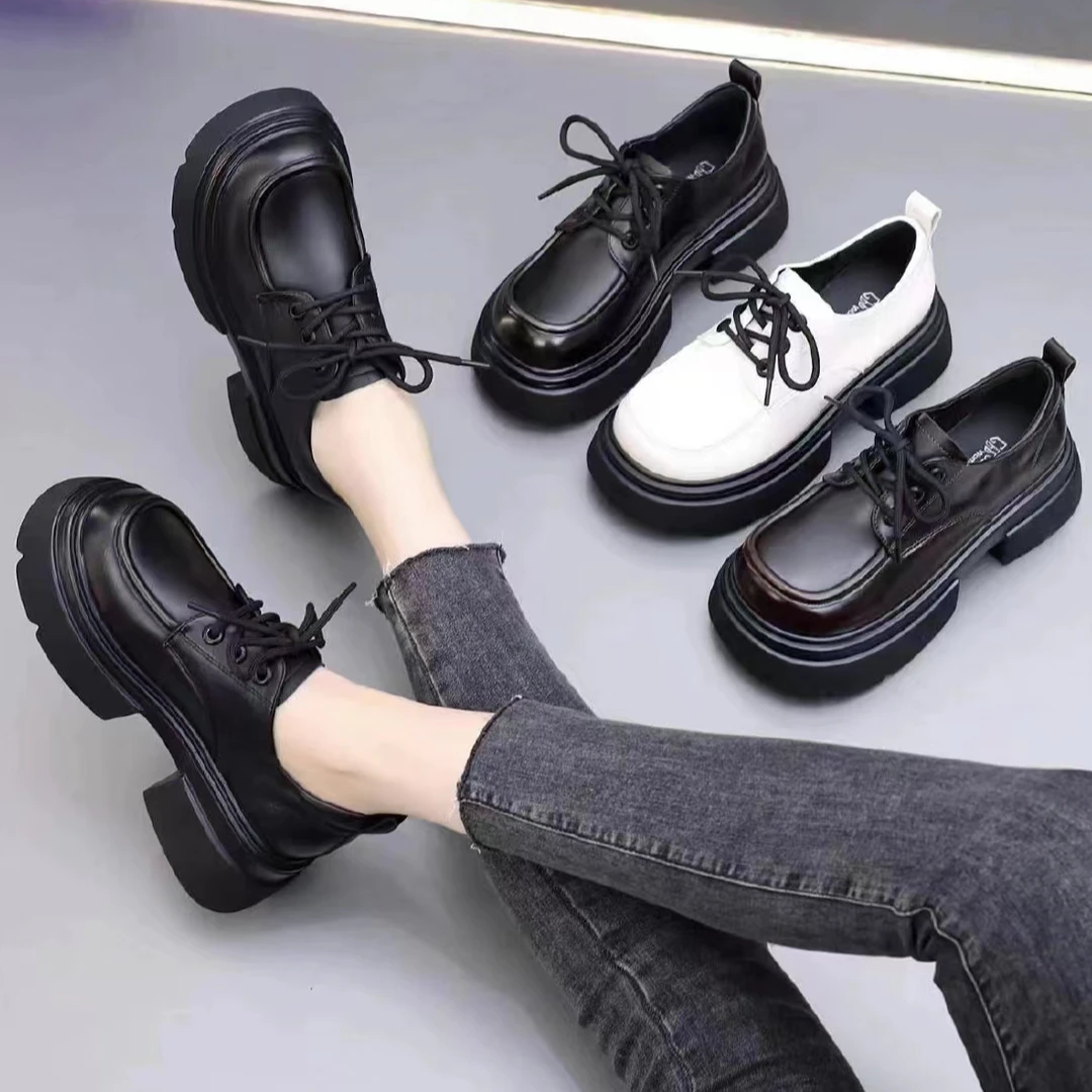 爆款系带厚底乐福鞋圆头女英伦风软底单鞋百搭小皮鞋时尚乐福鞋