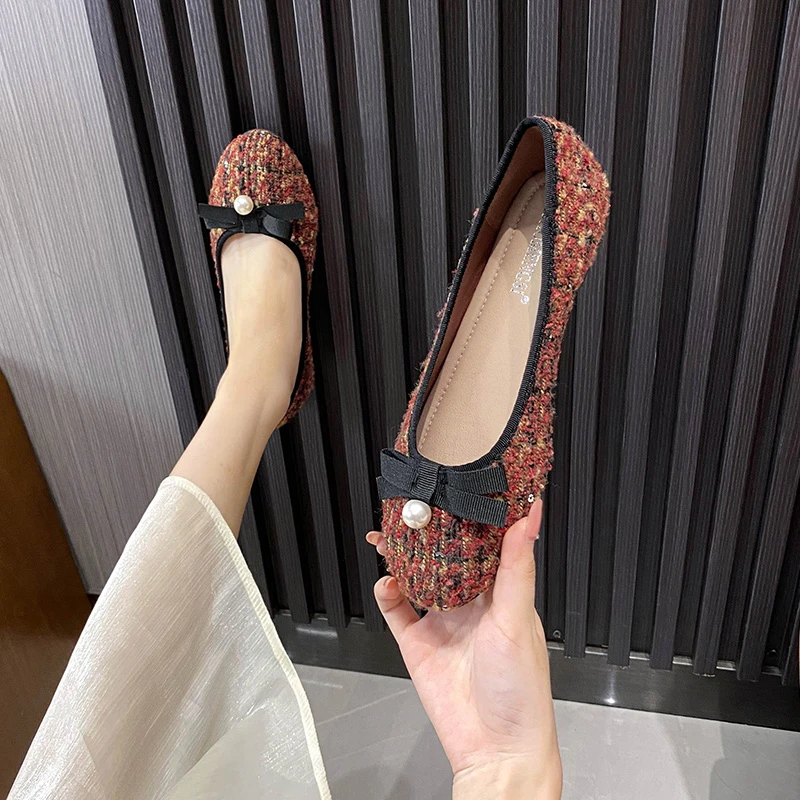 法式气质圆头蝴蝶结小香风单鞋女2024新款小羊皮浅口平底芭蕾鞋女