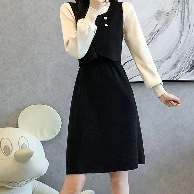 连衣裙显瘦气质长袖洋气针织时尚假两件秋冬