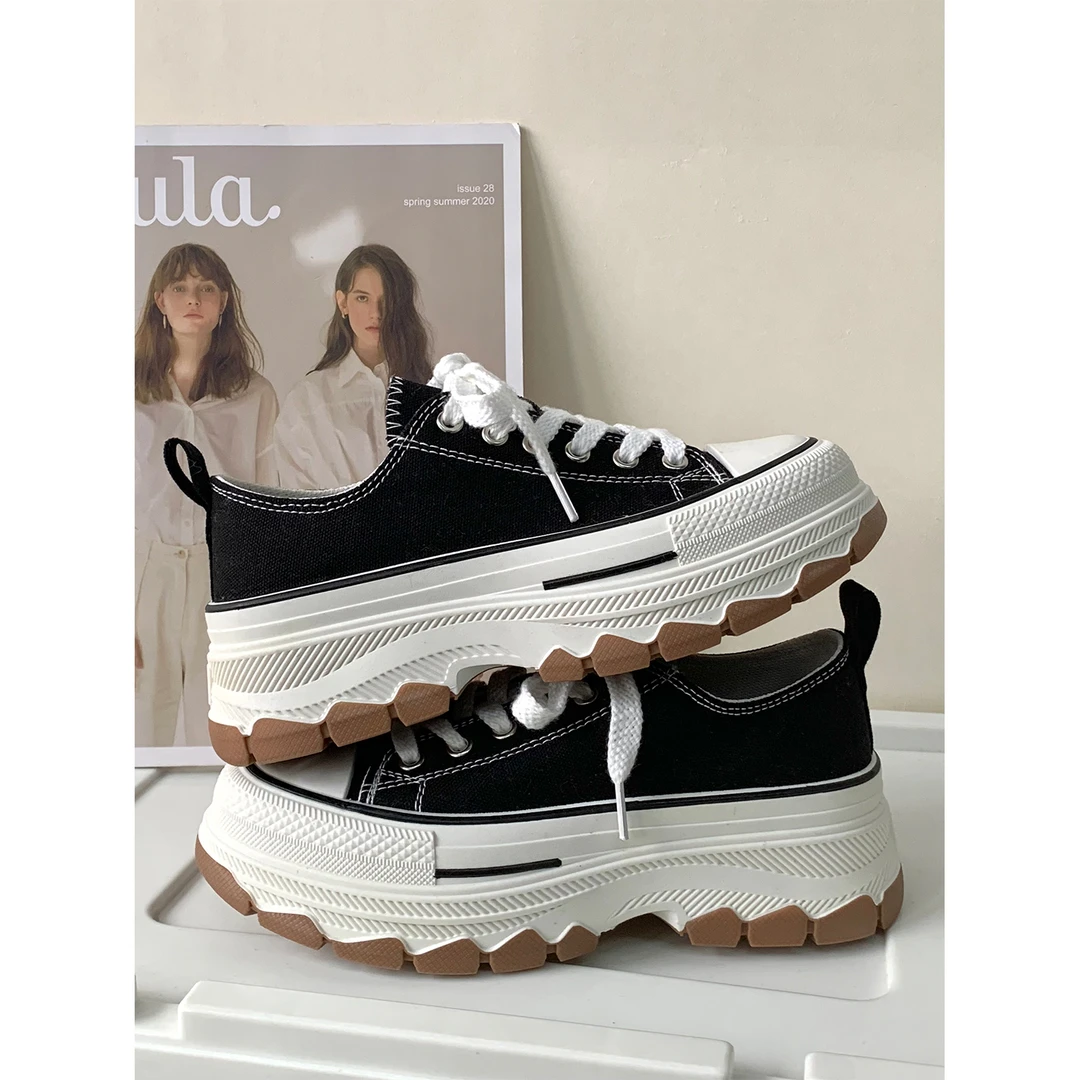 松糕厚底帆布鞋女2023新款波浪底显高百搭小白鞋高级感小众女鞋子