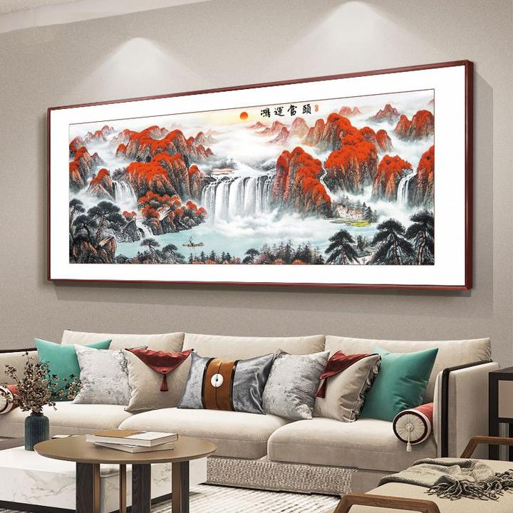 山水画客厅挂画山水画背景墙挂画高山流水装饰画中式沙发背景国画