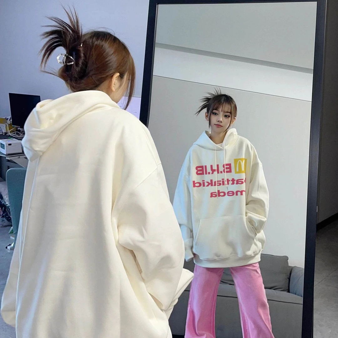 美式复古hiphop加绒套头秋季新款宽松字母别致爆款连帽卫衣女上衣