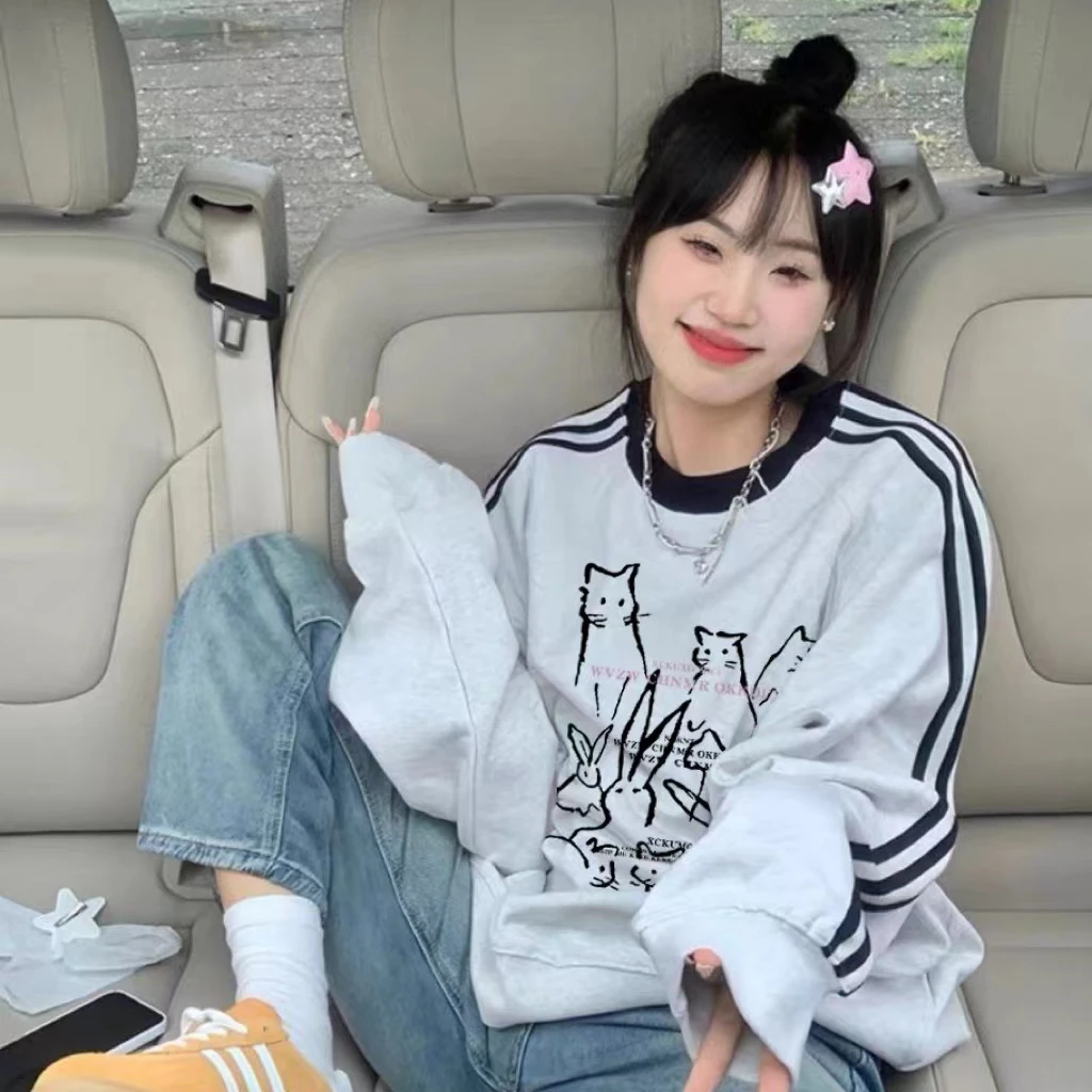 三条杠卫衣女2025新爆款美式复古秋冬加绒慵懒风卡通猫咪印花上衣