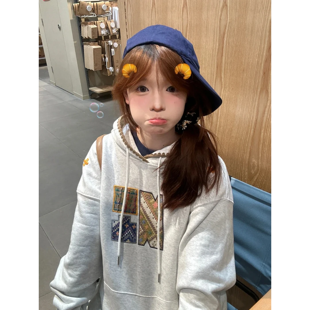 国潮潮牌ins慵懒风长袖上衣秋冬新款美式复古时尚刺绣连帽卫衣女