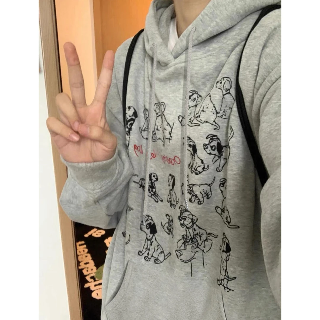 斑点狗印花美式复古百搭连帽卫衣慵懒风含棉加绒加厚学生长袖上衣