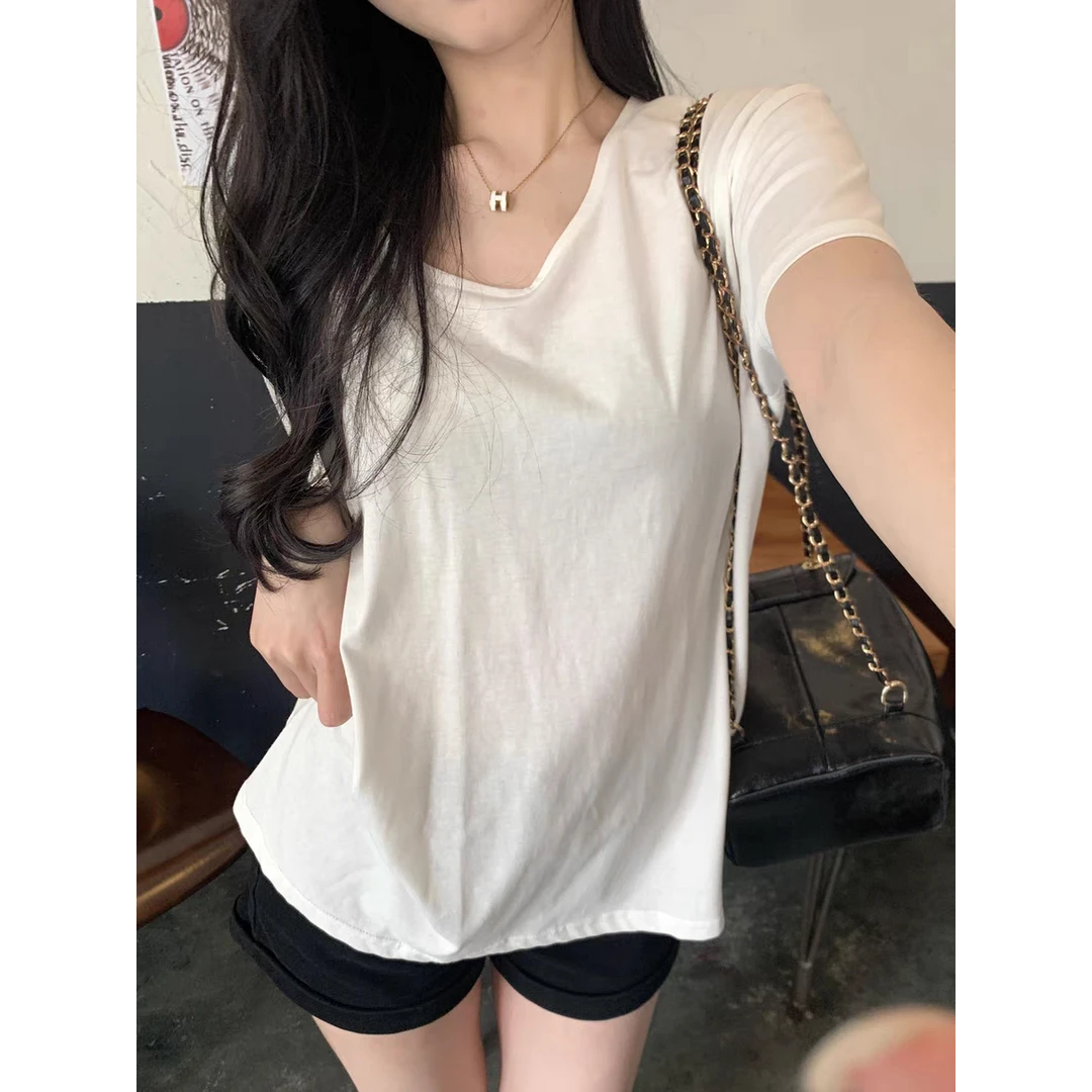 SUMBUR港式复古休闲松弛感白色短袖t恤女慵懒ins风设计感小众上衣