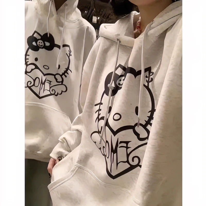 美式复古白灰色kt猫印花秋冬宽松长袖连帽卫衣情侣日常百搭上衣服
