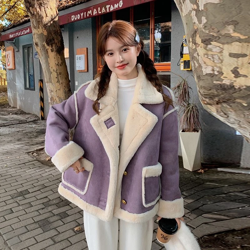 【彩虹】2024冬季新品时尚宽松加厚韩版皮毛一体短外套-75526