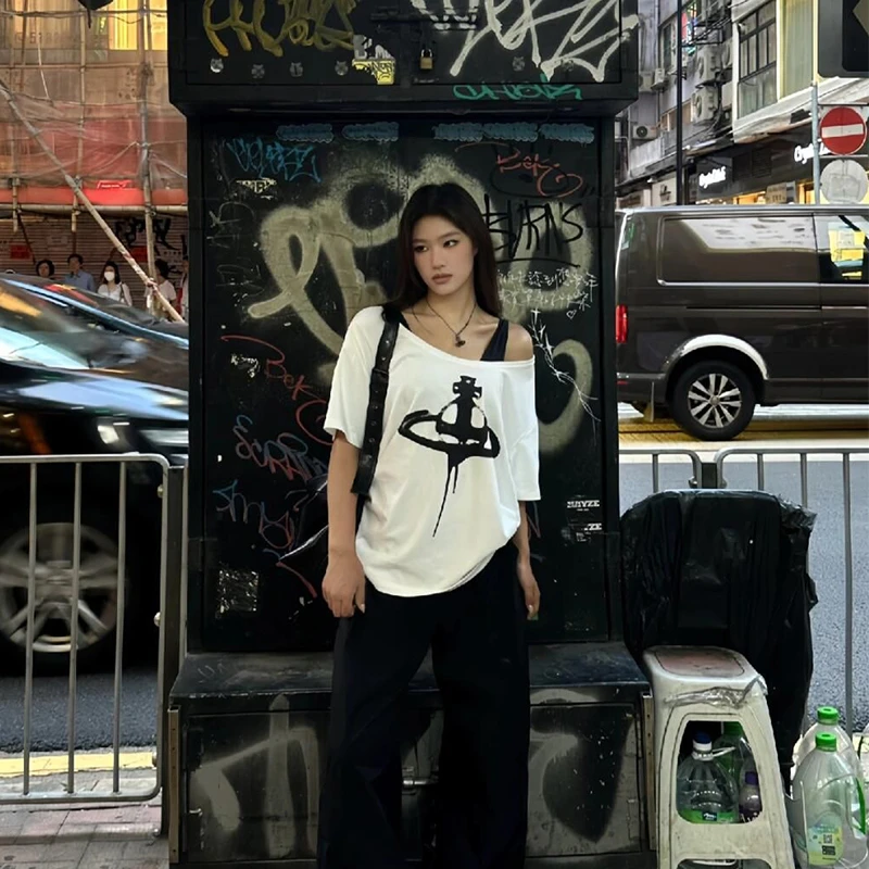 美式复古白色土星印花圆领短袖T恤女小众设计新宽松休闲套头上衣