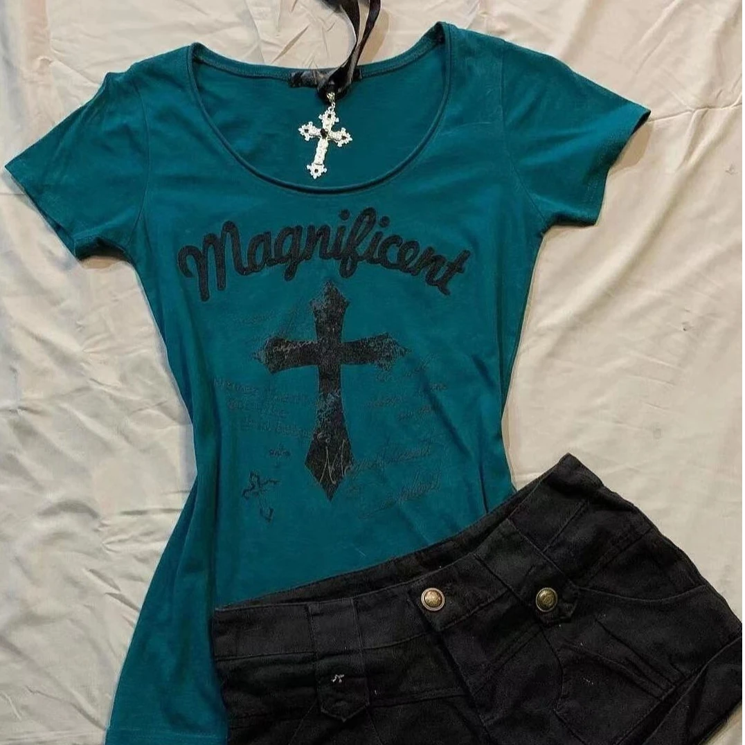 深蓝色十字架印花短袖T恤女2024夏季亚文化新款设计感小众上衣