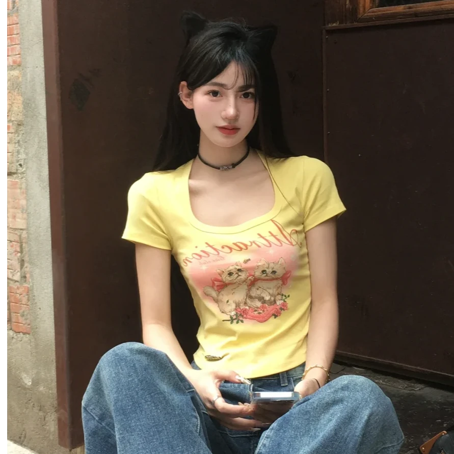 日韩简约修身甜妹蝴蝶结ins风短款短袖T恤女夏季新款百搭休闲上衣