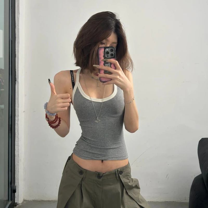 美式复古辣妹撞色小吊带背心女夏季内搭外穿修身显瘦基础无袖上衣