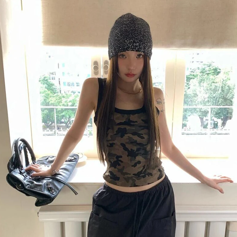 美式复古u领迷彩吊带背心女夏外穿军绿修身显瘦辣妹无袖短款上衣