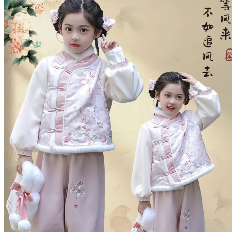 冬装儿童加绒新款2025加厚套装洋气女童中国汉服宝宝唐装古装拜年