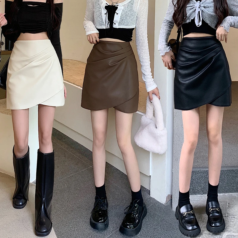 【芳芳专属】秋冬新款皮裙韩版显瘦高腰百搭不规则褶皱A字半身裙