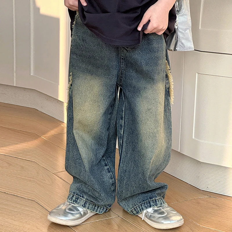 【巴卡潮童】春款儿童裤子潮流酷帅花边渐变宽松休闲韩版中童牛仔裤