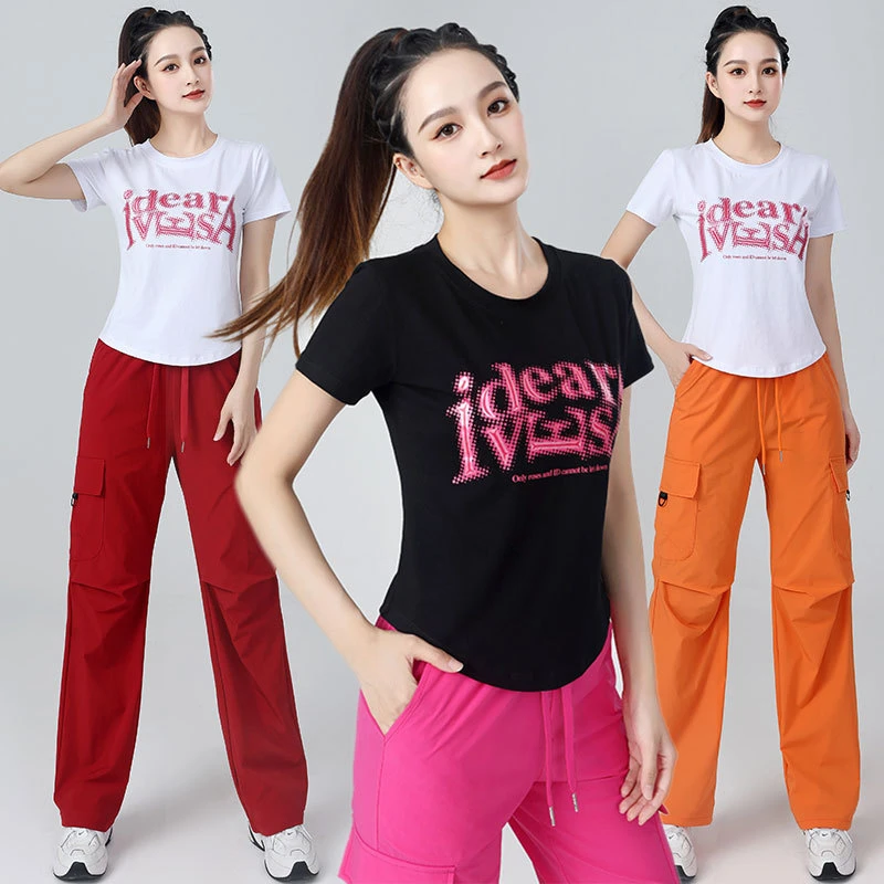 2025广场舞夏季新款运动短袖上衣跳舞健身显示休闲服印花字母T恤