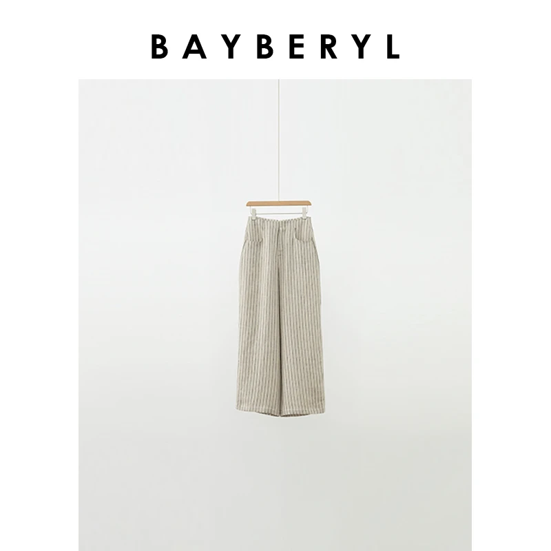 BAYBERYL老贝质感麻条纹复古百搭透气直筒休闲裤XXK4E2802-6/13