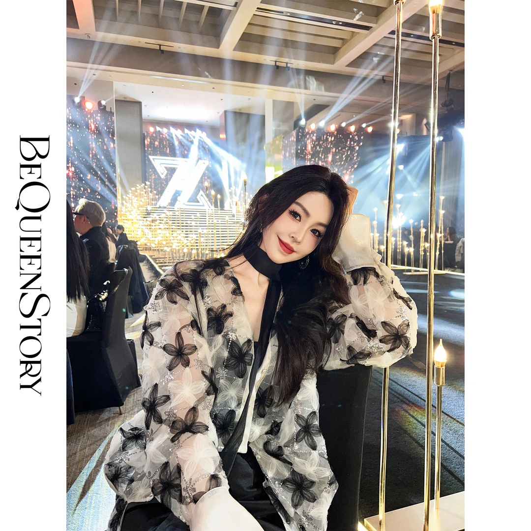 余潇潇【塞纳河晚风】轻奢亮片立体花朵刺绣上衣V领衬衫外套