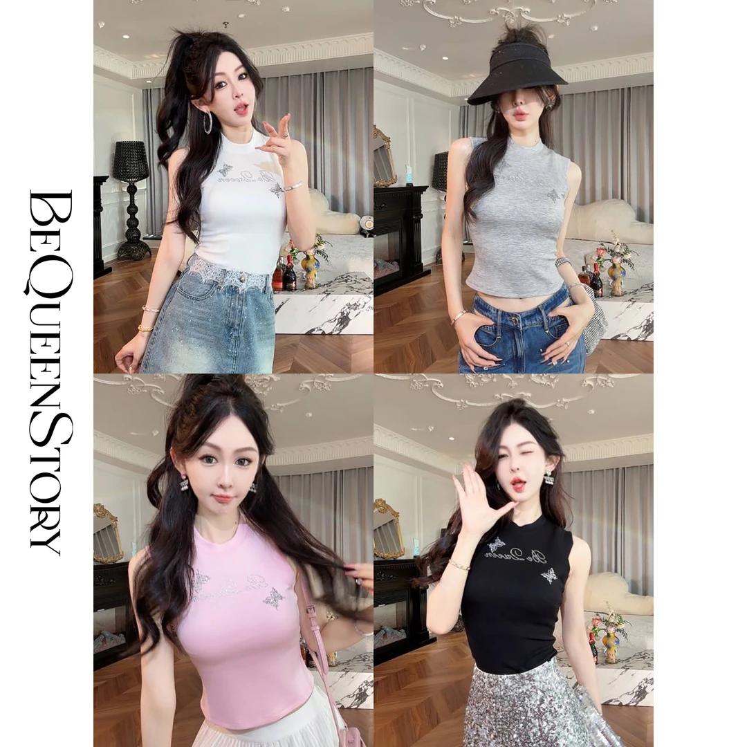 余潇潇【美式甜豆】时髦蝴蝶烫钻小半高领收腰凉爽T恤背心