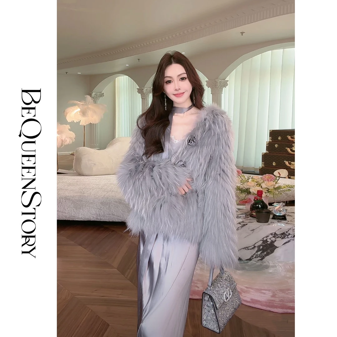 余潇潇【玫瑰盖茨比】轻奢时尚白貉皮V领外套送醋酸花朵飘带