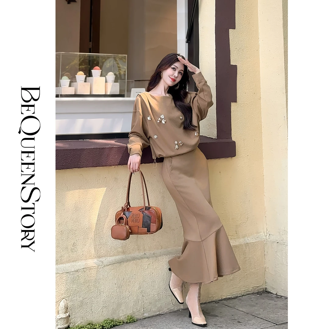 余潇潇【香棕人鱼】重工针织捏褶立体花落肩上衣&鱼尾裙套装