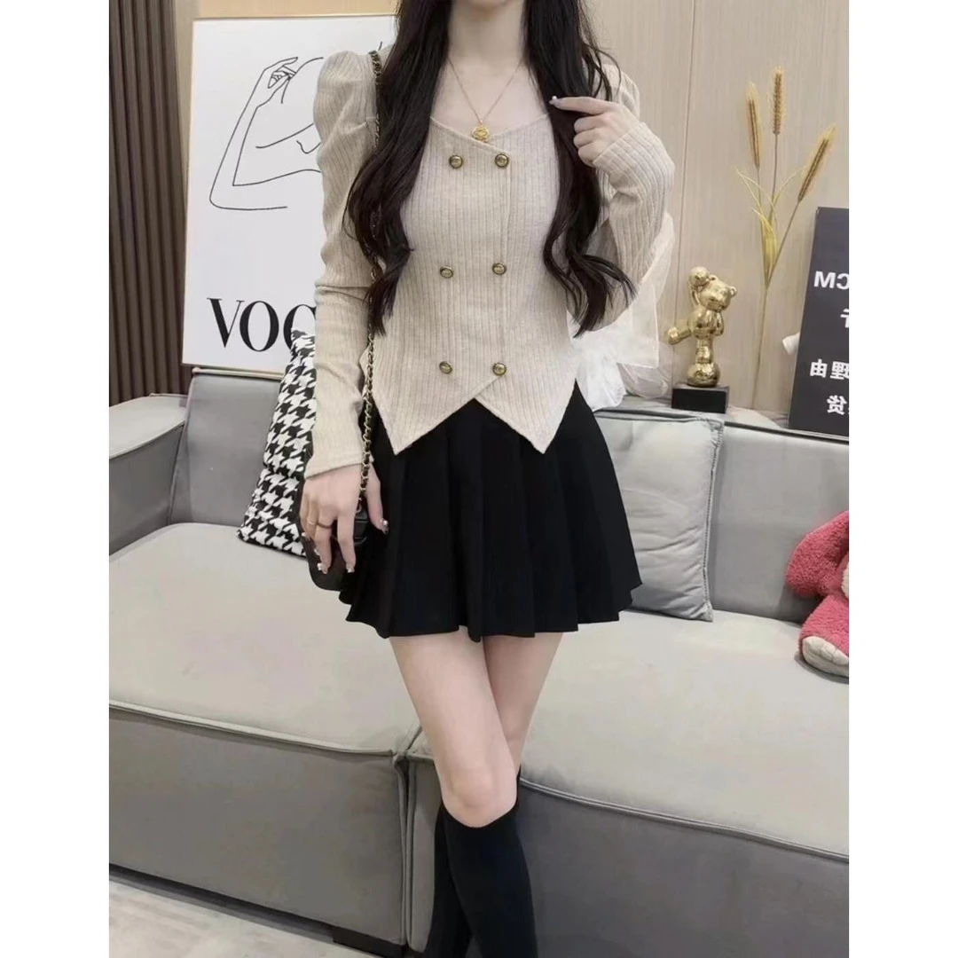 时尚潮流百搭秋季新款甜美纯欲小香风双排扣长袖修身针织打底衫