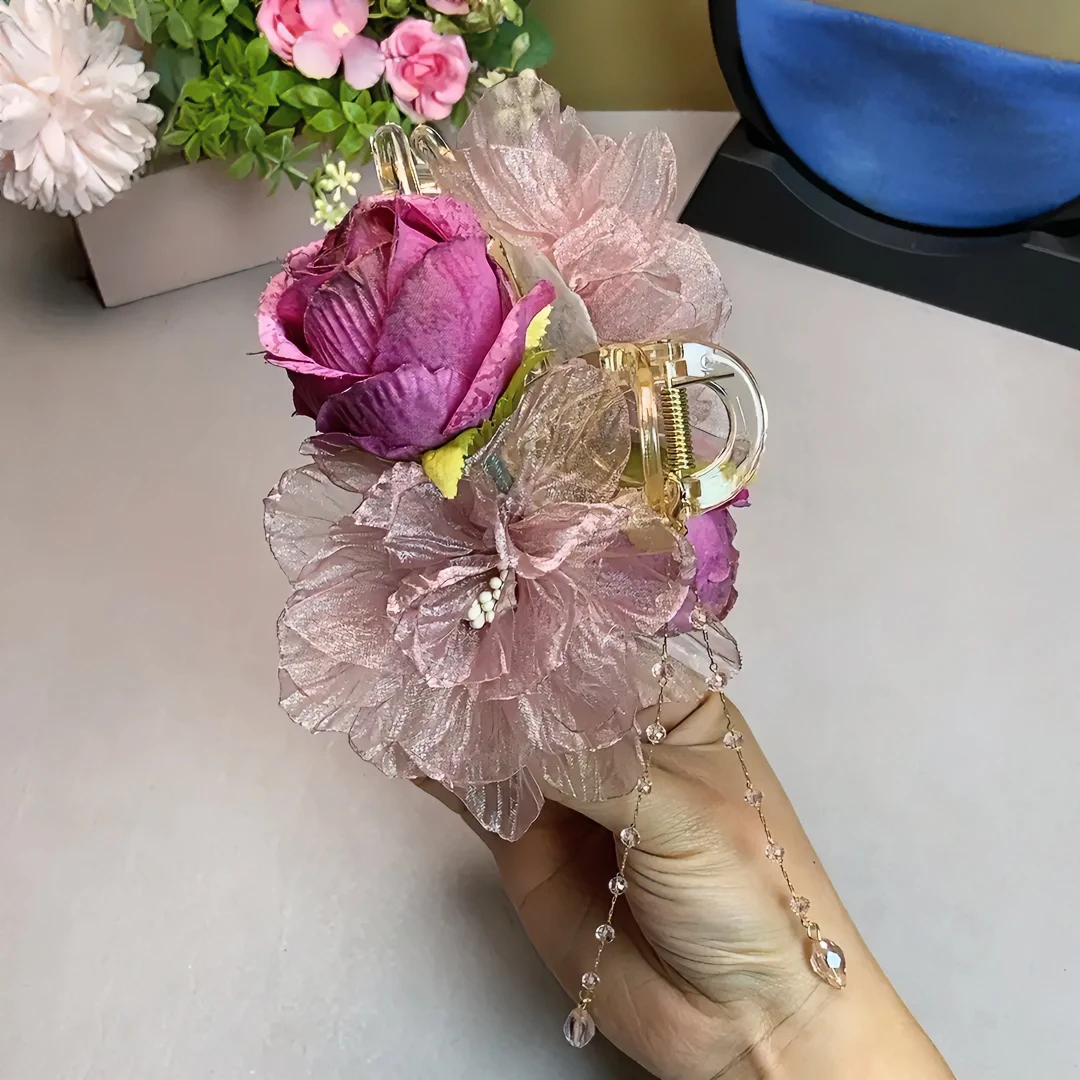 仙美芍药花朵流苏发夹玫瑰花抓夹大号后脑头饰发夹手工气质仙女