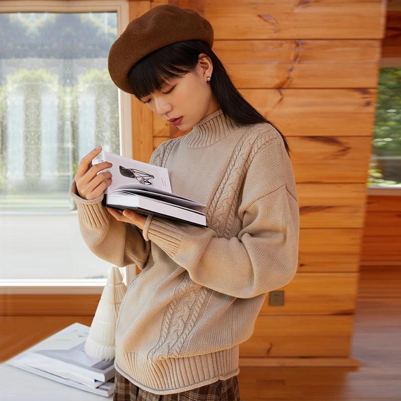 omont蛋挞家 克莱因蓝卷边绞花高领毛衣女冬季加厚宽松针织打底衫