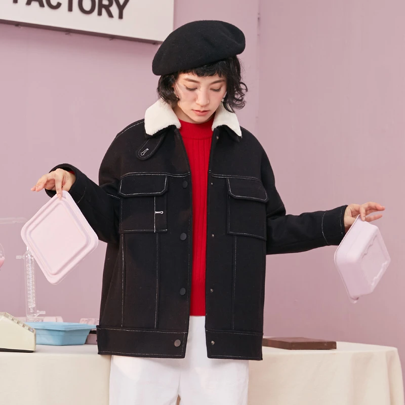 omont蛋挞家 工装夹克毛呢外套女短款呢子大衣秋冬季1A1101W09XD