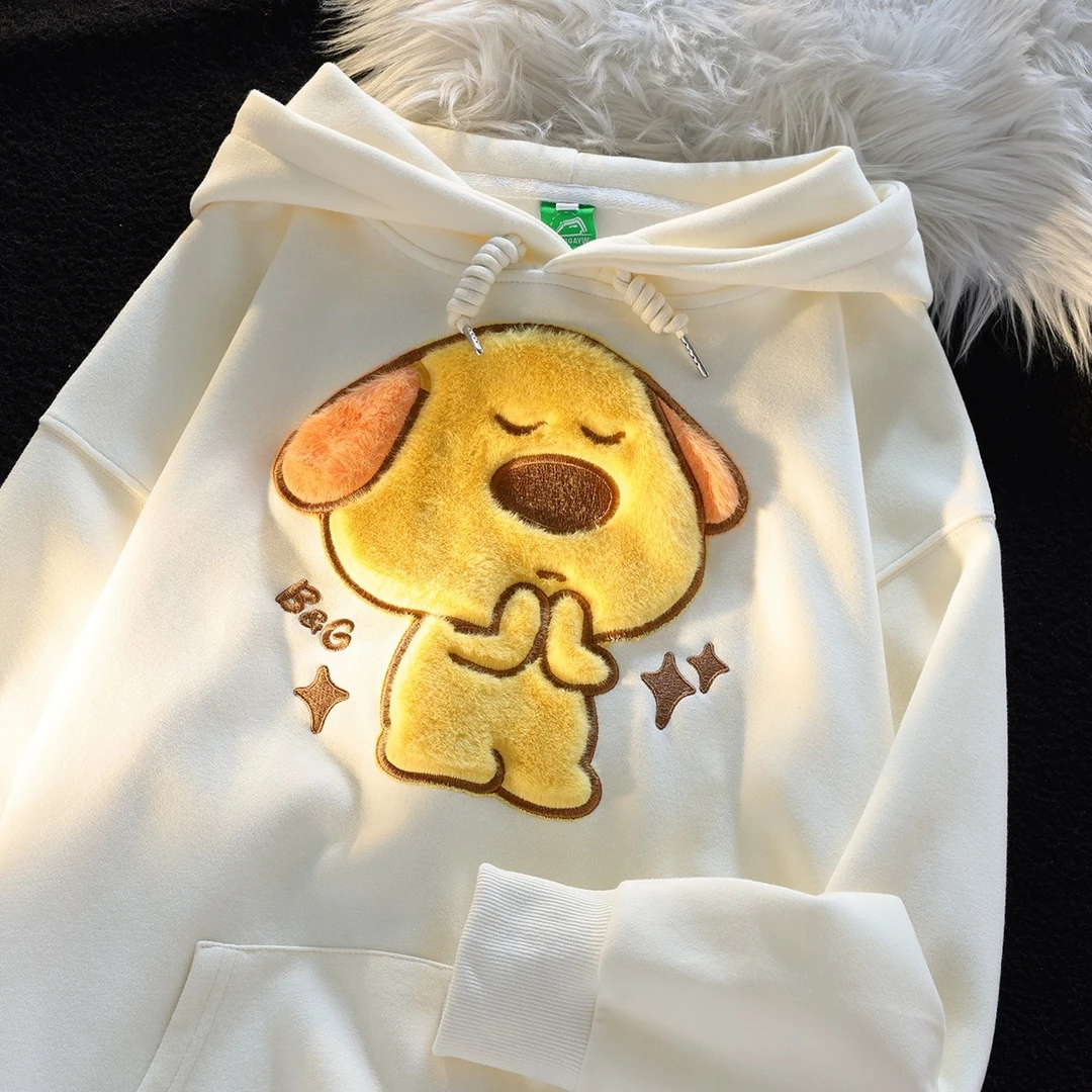 美式新款植绒祈祷小狗情侣装卫衣女秋冬季宽松小众奶油风连帽外套