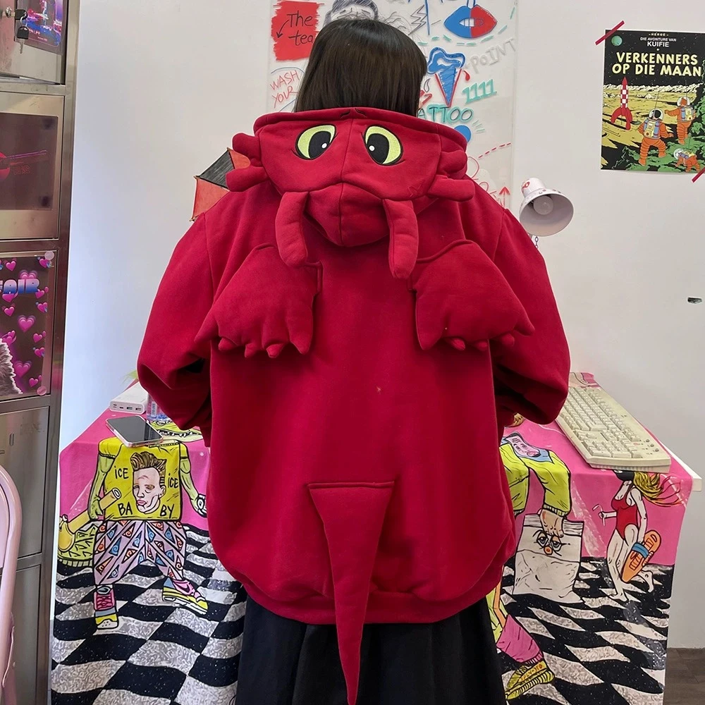 美式恐龙小恶魔翅膀连帽开衫卫衣女男秋冬新款潮流宽松bf潮牌外套